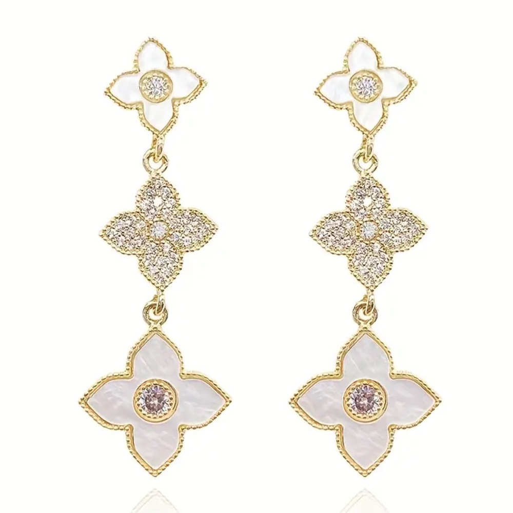 Alhambra Rhinestone Clover Tassel Earrings 🌸 925 Silver Posts | Holiday Gift - Picture 5 of 6